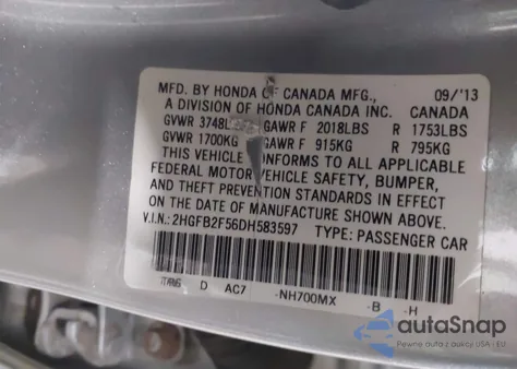 2013 Honda Civic Lx from USA, damaged, VIN 2HGFB2F56DH583597